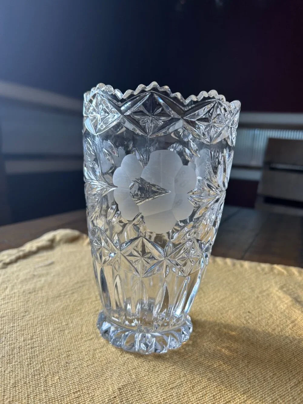 Vintage  Cut & etched full lead crystal  vase featuring sawtooth rim & frosted f